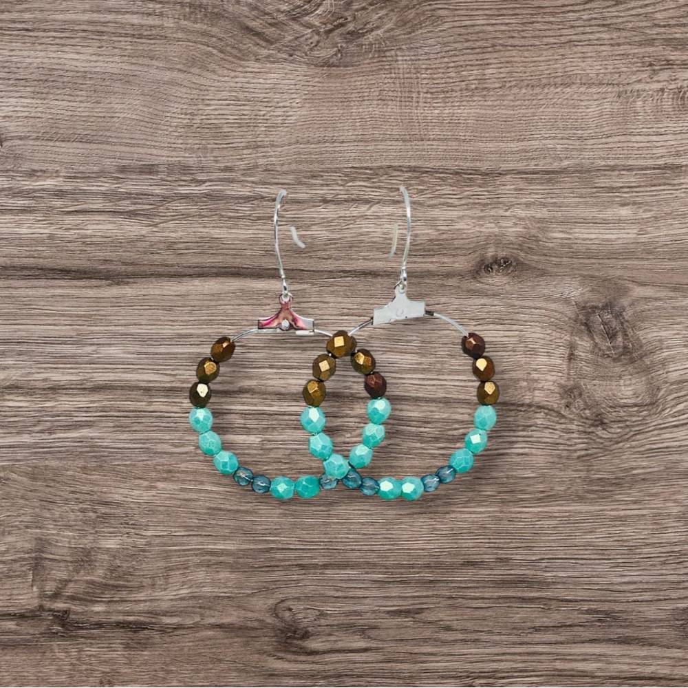 Elegant Beaded Small Hoop Earrings in Turquoise and Brown, Pave Beaded Hoops